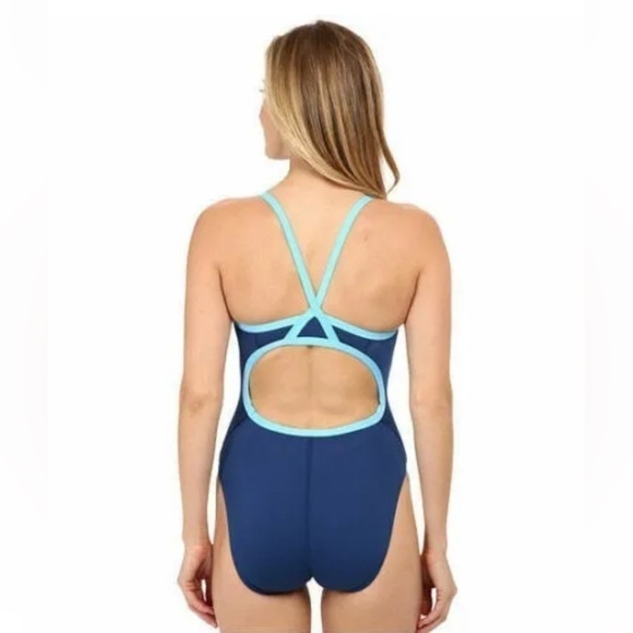 Speedo Endurance Navy Light Blue Performance One Piece Swimsuit Beach Diving - Picture 3 of 11
